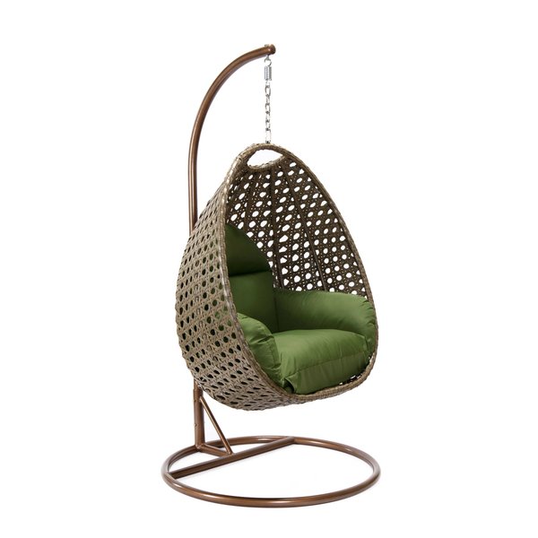 Leisuremod Beige Wicker Hanging Egg Swing Chair with Dark Green Cushions ESCBG-40DG